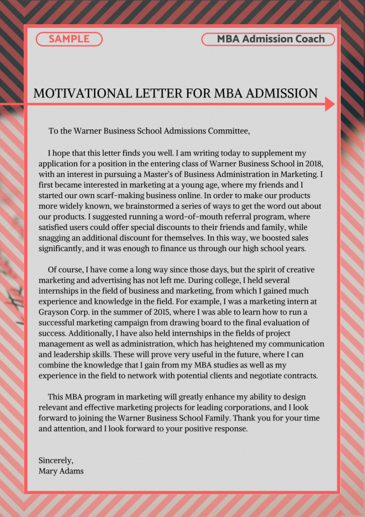 Motivation letter for MBA admission example